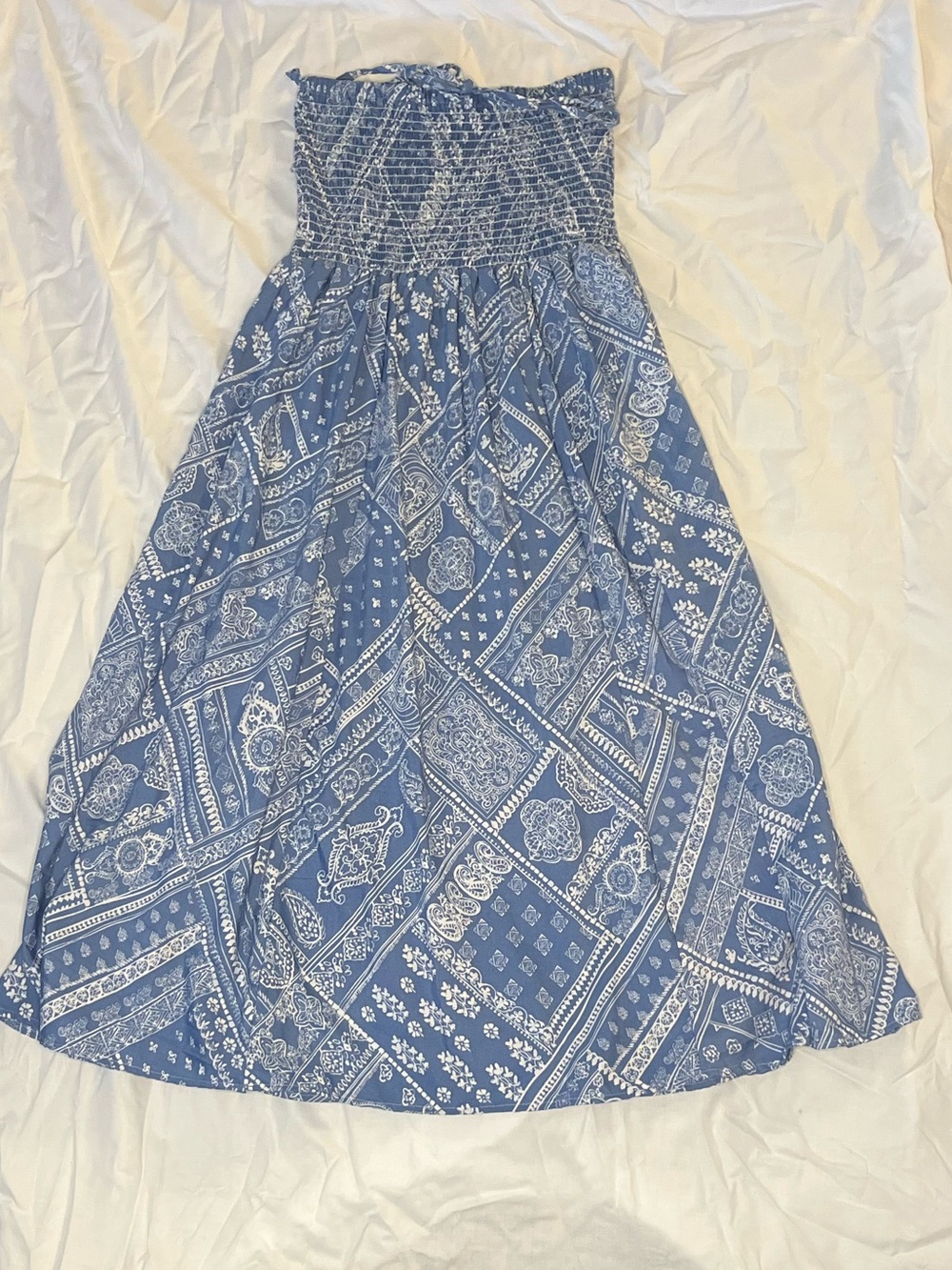 Strapless Deja Bleu Blue Bandana-Print Summer Dress Size M